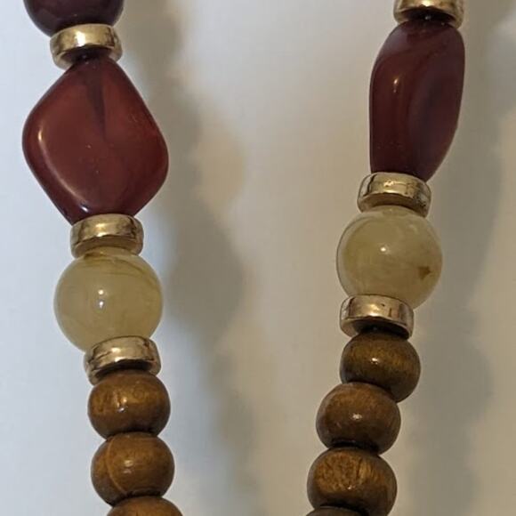 1948 Long Leather Tassel Necklace with Leather, Crystal, and Wood Beads. - Picture 5 of 11